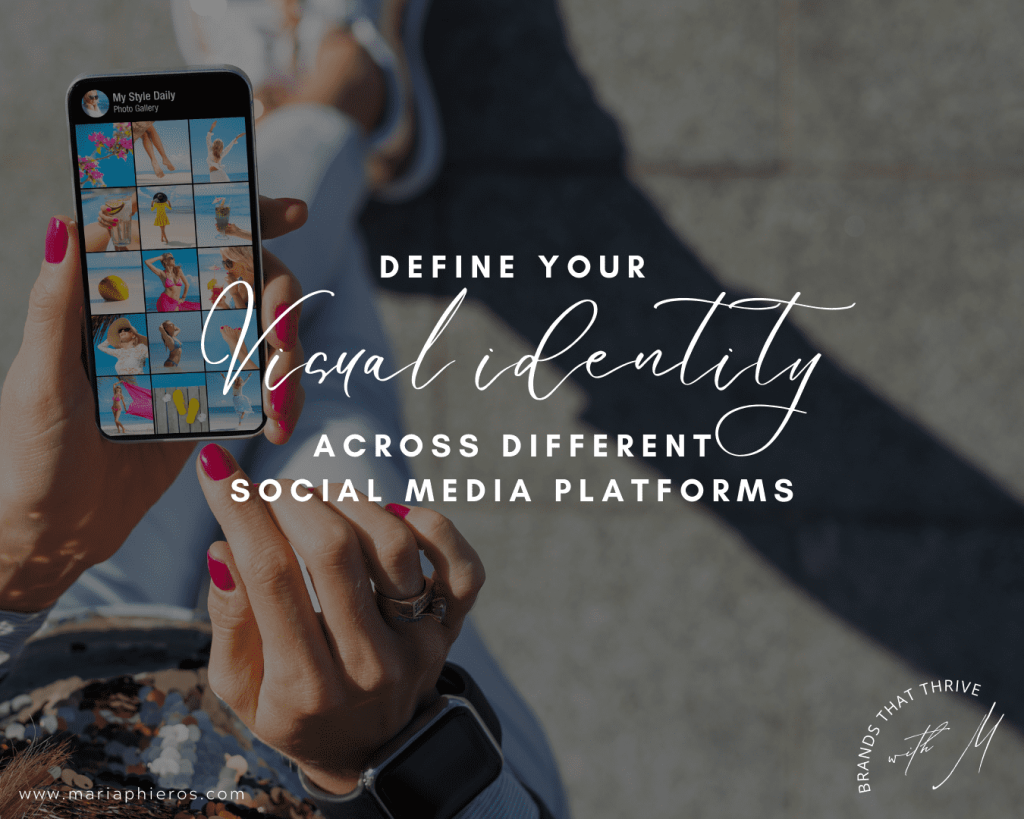 Woman browsing on social media with quote define your visual identity across different social media platforms