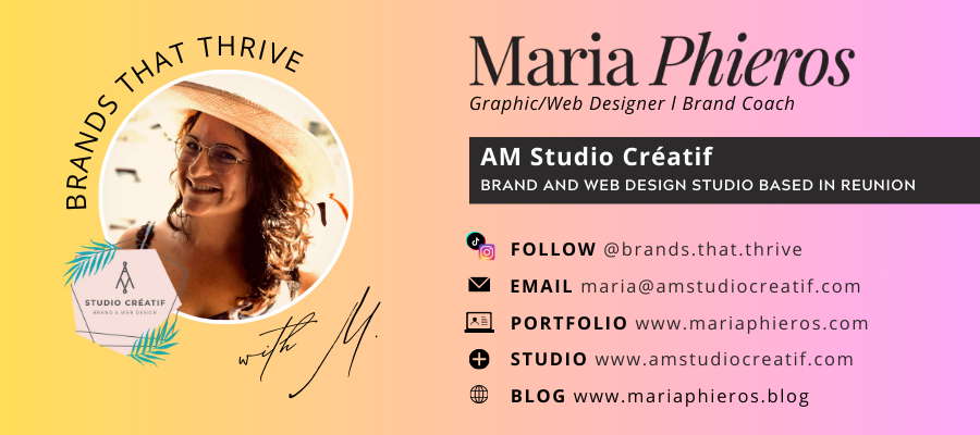 Contact: Maria Phieros Graphic/Web Designer & Brand Coach Follow on Tiktok Instagram @brands.that.thrive Email team@amstudiocreatif.com Visit Website https://www.mariaphieros.com/ and https://www.amstudiocreatif.com/