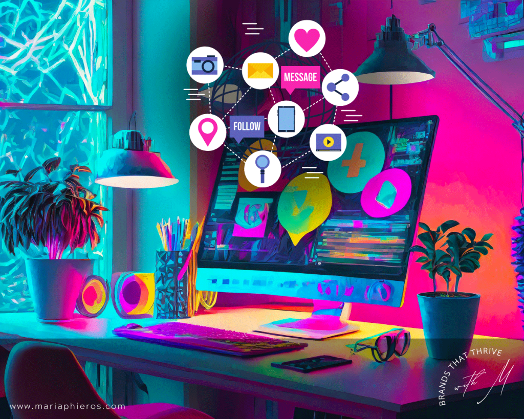 Brands That Thrive Blog Maria Phieros Practical ways To Use AI to Build your brand. Image generated by AI (Adobe Firefly) with prompt: Creative workspace with social media logos