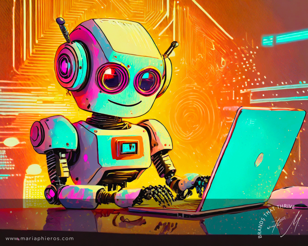 Brands That Thrive Blog by Maria Phieros Use AI Build Your Brand Image AI-Generated (Adobe Firefly) prompt used cute and happy AI bot writing a blog post on a laptop with digital graphics being create