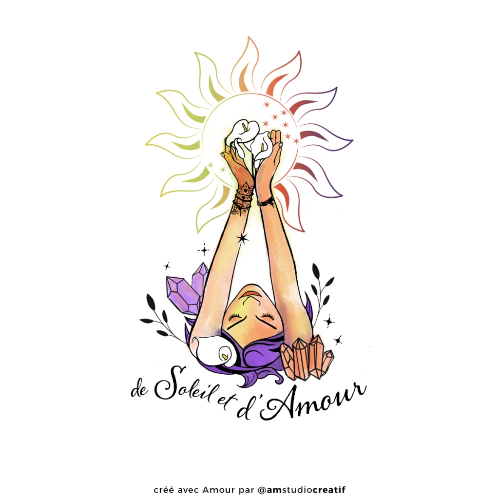 Custom, hand-drawn logo for De Soleil et d'Amour showcasing sun rays and a heart, symbolizing warmth, love, and spiritual healing in their sophrology and personal development services