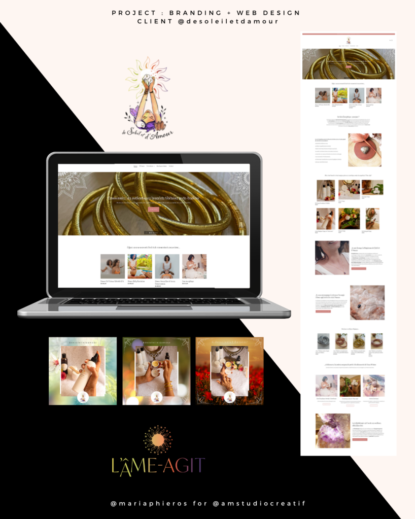 Screenshot of De Soleil et d'Amour's website homepage, showcasing a welcoming design with warm, sun-kissed color scheme. The page features the hand-drawn logo that radiates warmth, alongside navigation links for services in relaxation therapy and personal development. The site embodies the brand’s mission of 'shining from within' with serene imagery and inviting, user-friendly layout