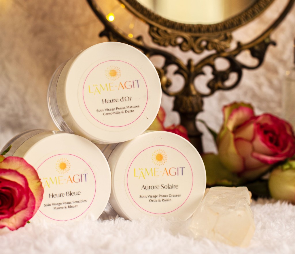 Photo of De Soleil et d'Amour hydrating facial creams, featuring elegant custom label design with sun motif and neo color palette, highlighting "sun and soul" concept;